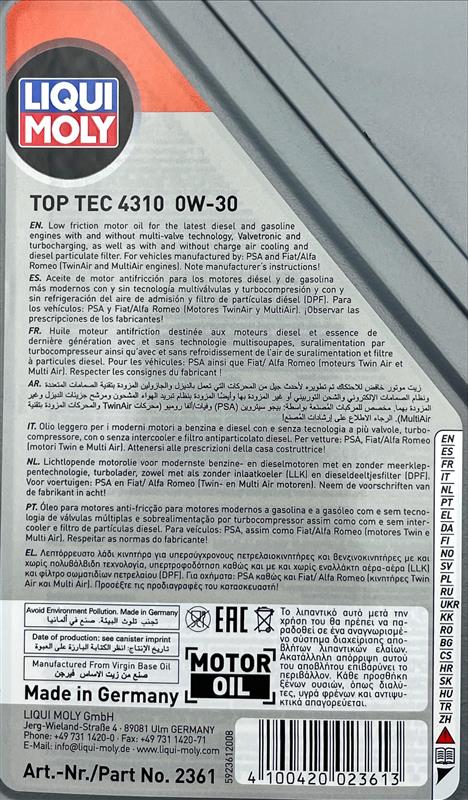 Liqui Moly 2361 Top Tec 4310 0W-30 Engine Oil All-Season ACEA C2 - 1 Litre