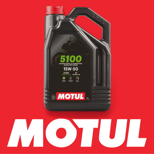 Motul 15W-50 4 Stroke Motorcycle Engine Oil on red background with Motul Logo
