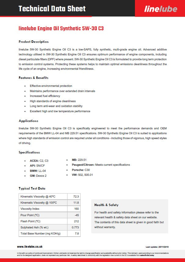 Technical data sheet for linelube Engine Oil Synthetic 5W-30 C3 with product details and specifications.