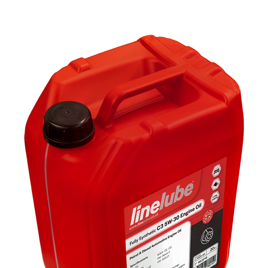 A red plastic jerrycan of Linlube fully synthetic C3 5W-30 Engine Oil with a black cap, shown on a plain white background.