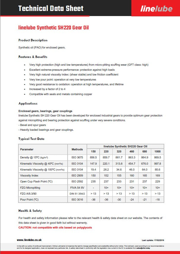 Technical data sheet for Inelube Synthetic SH220 Gear Oil with product details and specifications.