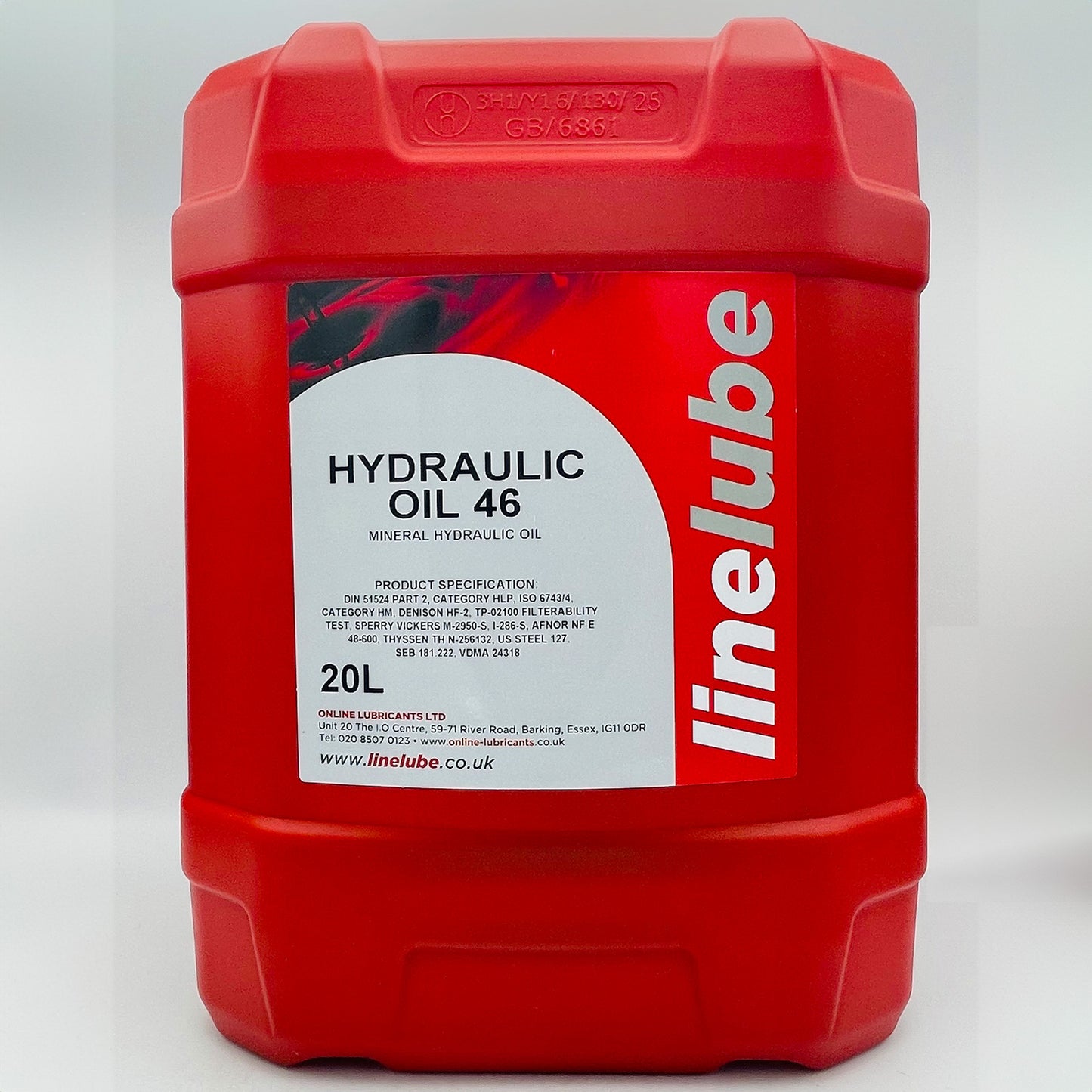 Red container of linelube Hydraulic Oil 46 on a white background