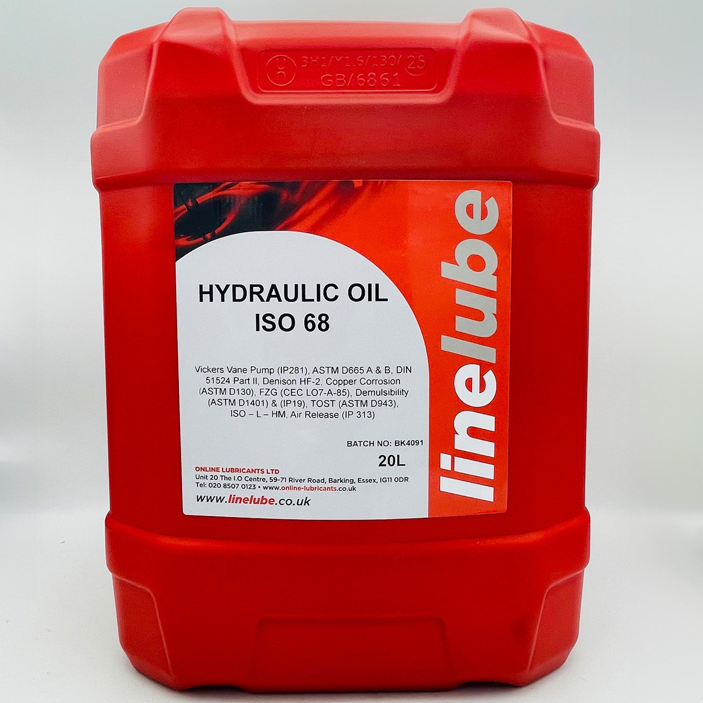 Red container of linelube hydraulic oil ISO 68 on a white background