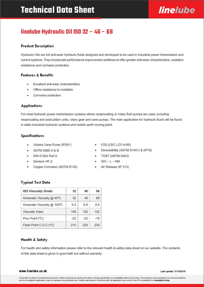 Technical data sheet for LineLube Hydraulic Oil ISO 32, 46, 68 with product description, features, benefits, applications, specifications, and health & safety information.