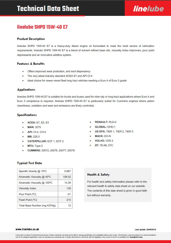Technical data sheet for linelube SHPO 15W-40 E7 lubricant with product details and specifications.