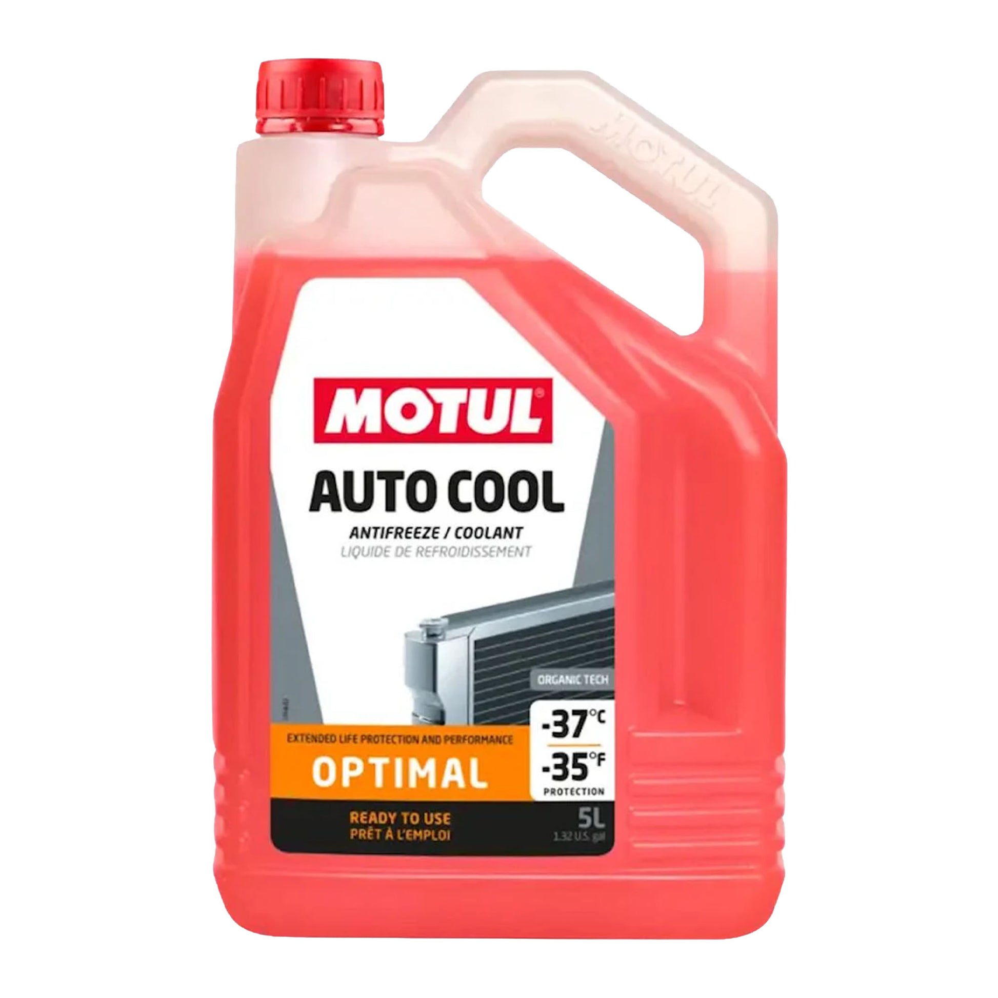 Bottle of MOTUL Auto Cool Optimal with protection upto minus 37 degrees celcius on a white background