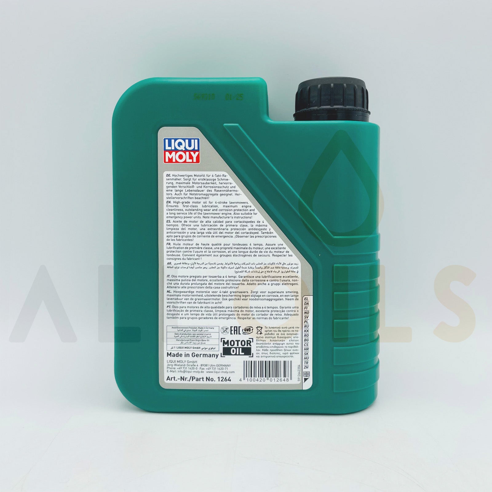 Green bottle of Liqui Moly motor oil on a white background