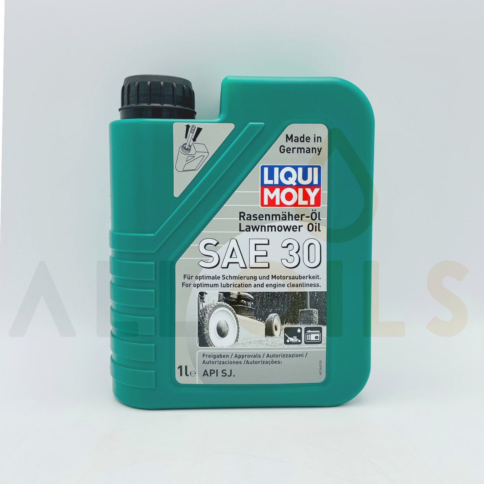 Liqui Moly SAE 30 lawn mower oil bottle on a white background
