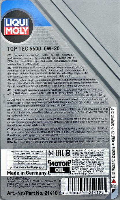 Liqui Moly 21410 Top Tec 6600 0W-20 ACEA C5/C6 Engine Oil - 1 Litre
