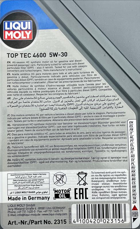 Liqui Moly 2315 Top Tec 4600 5W-30 Engine Oil ACEA C2/C3 - 1 Litre