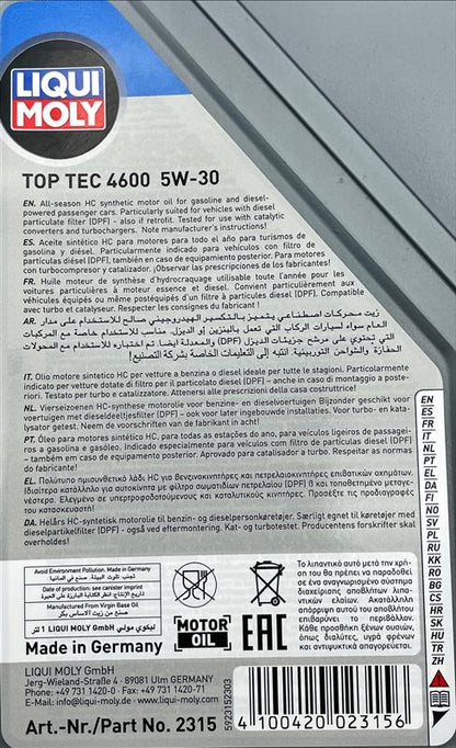Liqui Moly 2315 Top Tec 4600 5W-30 Engine Oil ACEA C2/C3 - 1 Litre