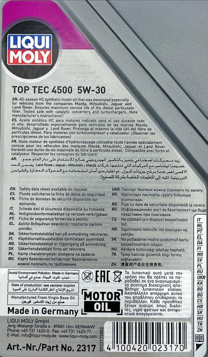 Liqui Moly 2317 Top Tec 4500 5W-30 Engine Oil for JLR, Mazda & Mitsubishi - 1 Litre