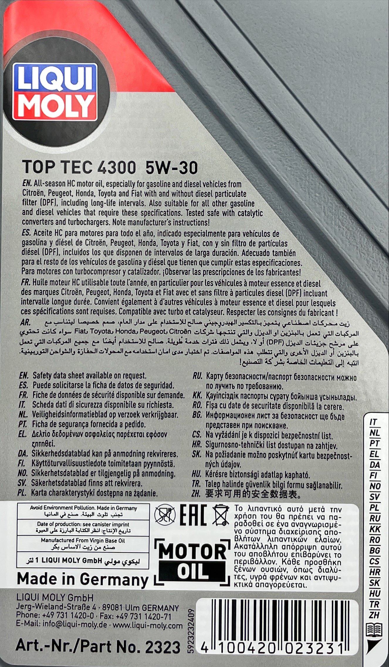 Liqui Moly 2323 Top Tec 4300 5W-30 Synthetic Tech Engine Oil - 1 Litre