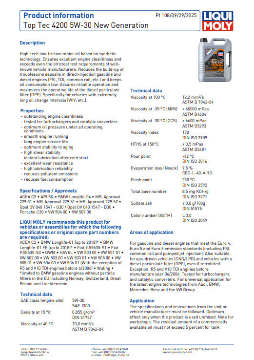 Liqui Moly 3708 Top Tec 4200 5W-30 LongLife III Engine Oil - 20 Litres