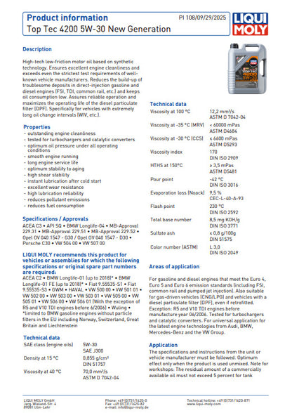 Liqui Moly 3708 Top Tec 4200 5W-30 LongLife III Engine Oil - 20 Litres