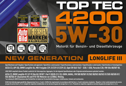 Liqui Moly 3708 Top Tec 4200 5W-30 LongLife III Engine Oil - 20 Litres