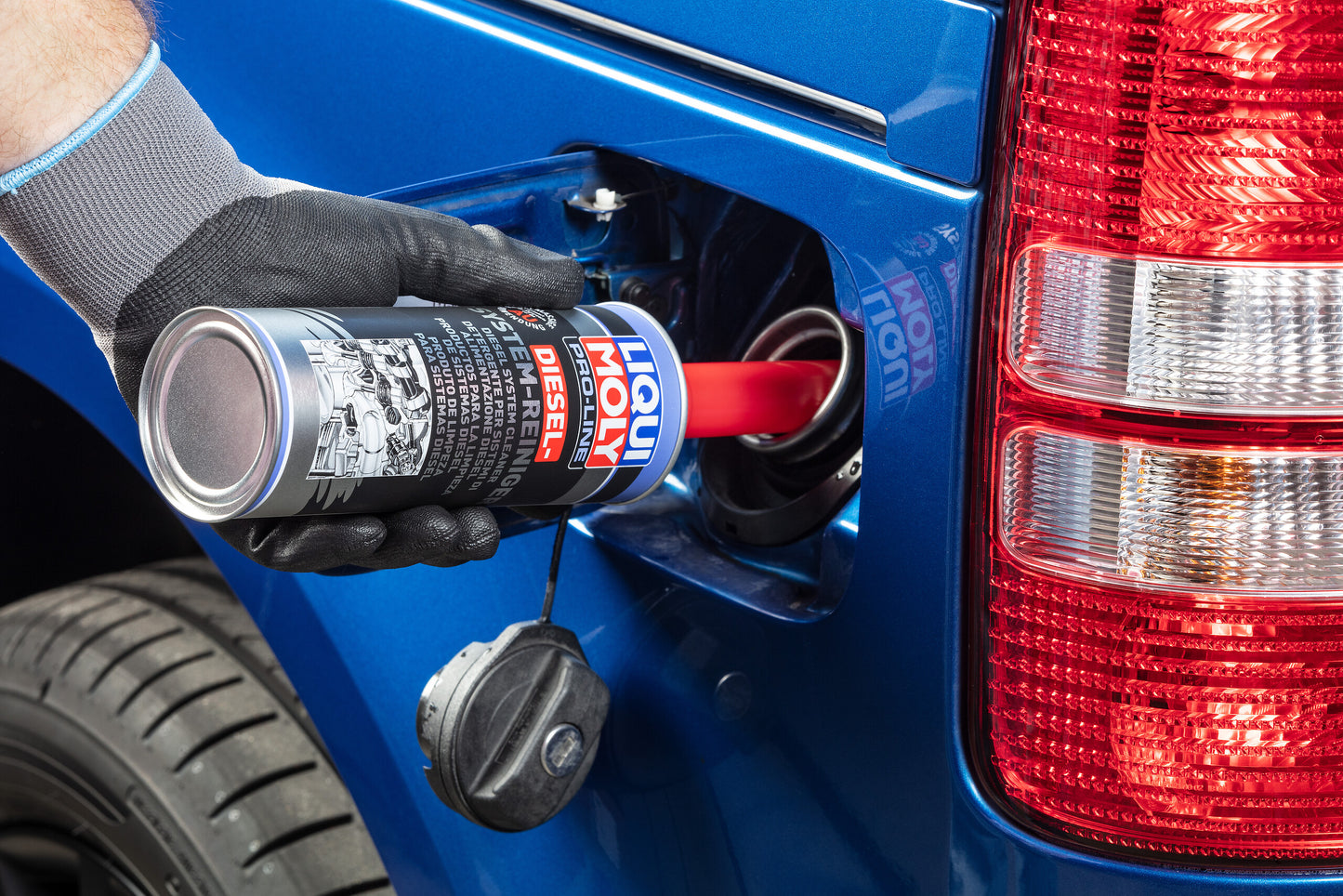 Liqui Moly 5156 Pro Line Diesel System Cleaner - being poured into car ank