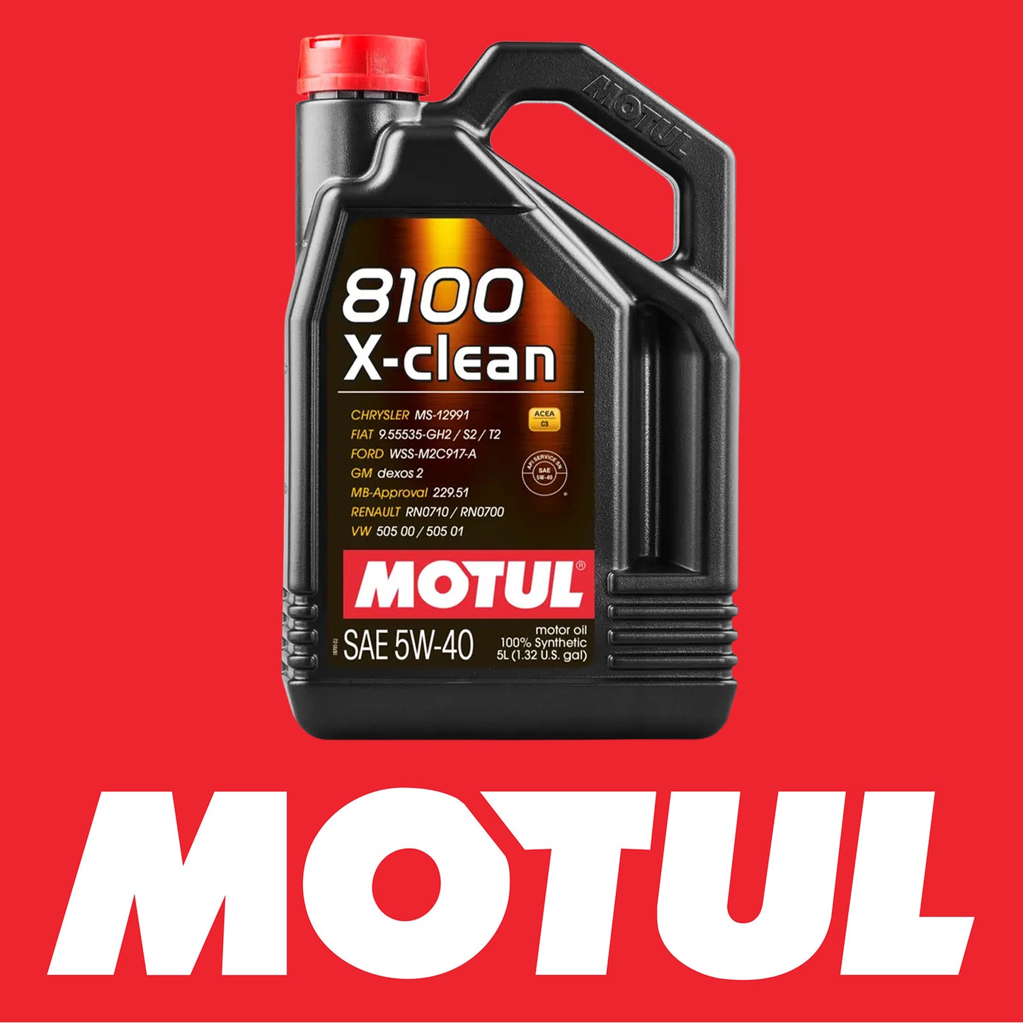 Motul 8100 X-clean 5W-40 Engine oil container on red background with Motul Logo