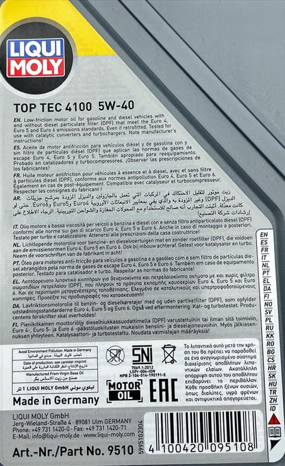 Liqui Moly 9510 Top Tec 4100 5W-40 Synthetic Technology Engine Oil - 1 Litre
