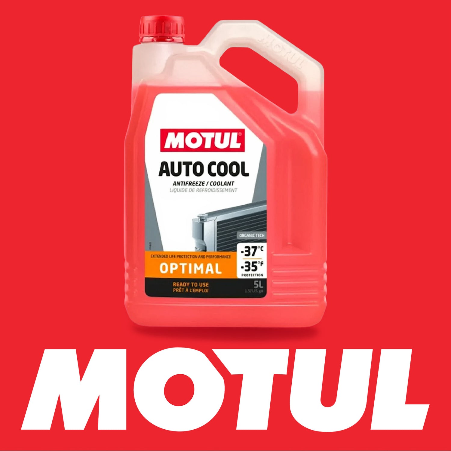MOTUL Auto Cool Optimal with protection upto minus 37 degrees celcius antifreeze container on red background with Motul Logo