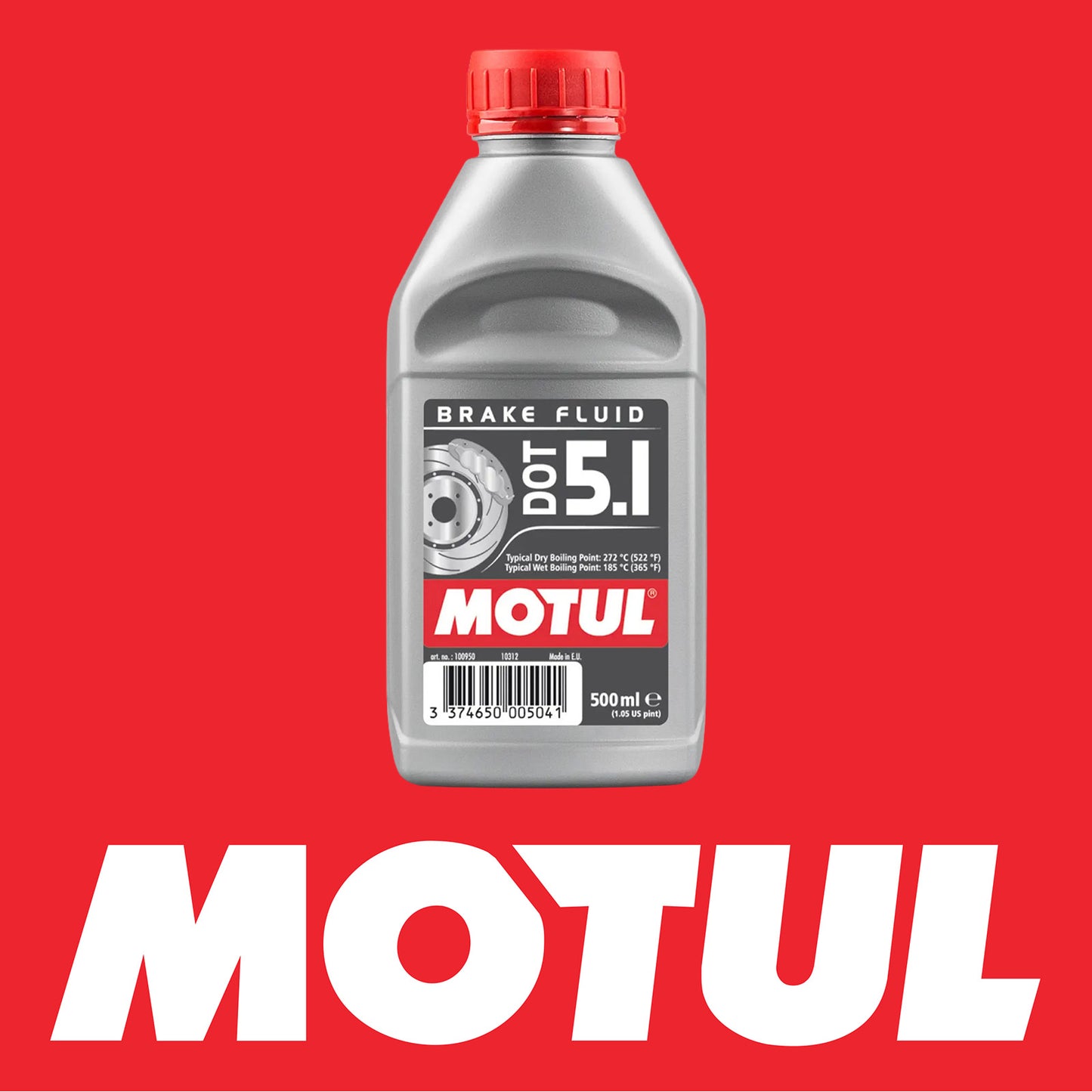 Bottle of Motul DOT 5.1 brake fluid on red background with Motul Logo