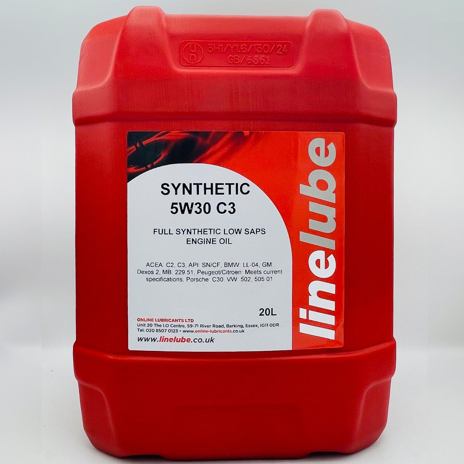 Red container of linelube synthetic engine oil on a white background