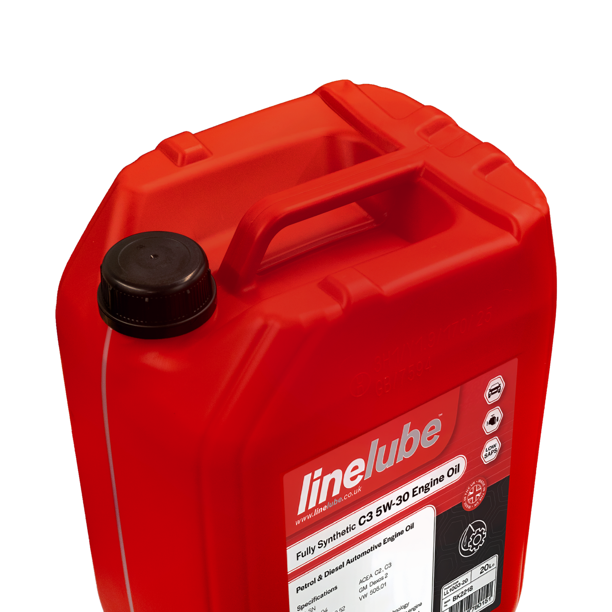 A red plastic jerrycan of Linlube fully synthetic C3 5W-30 Engine Oil with a black cap, shown on a plain white background.