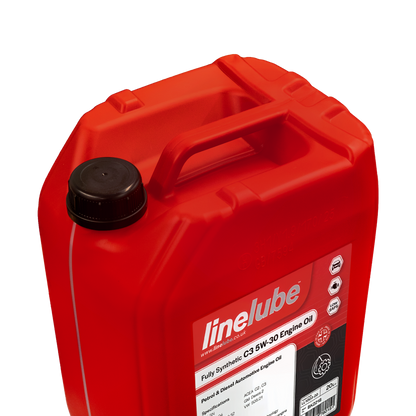 A red plastic jerrycan of Linlube fully synthetic C3 5W-30 Engine Oil with a black cap, shown on a plain white background.