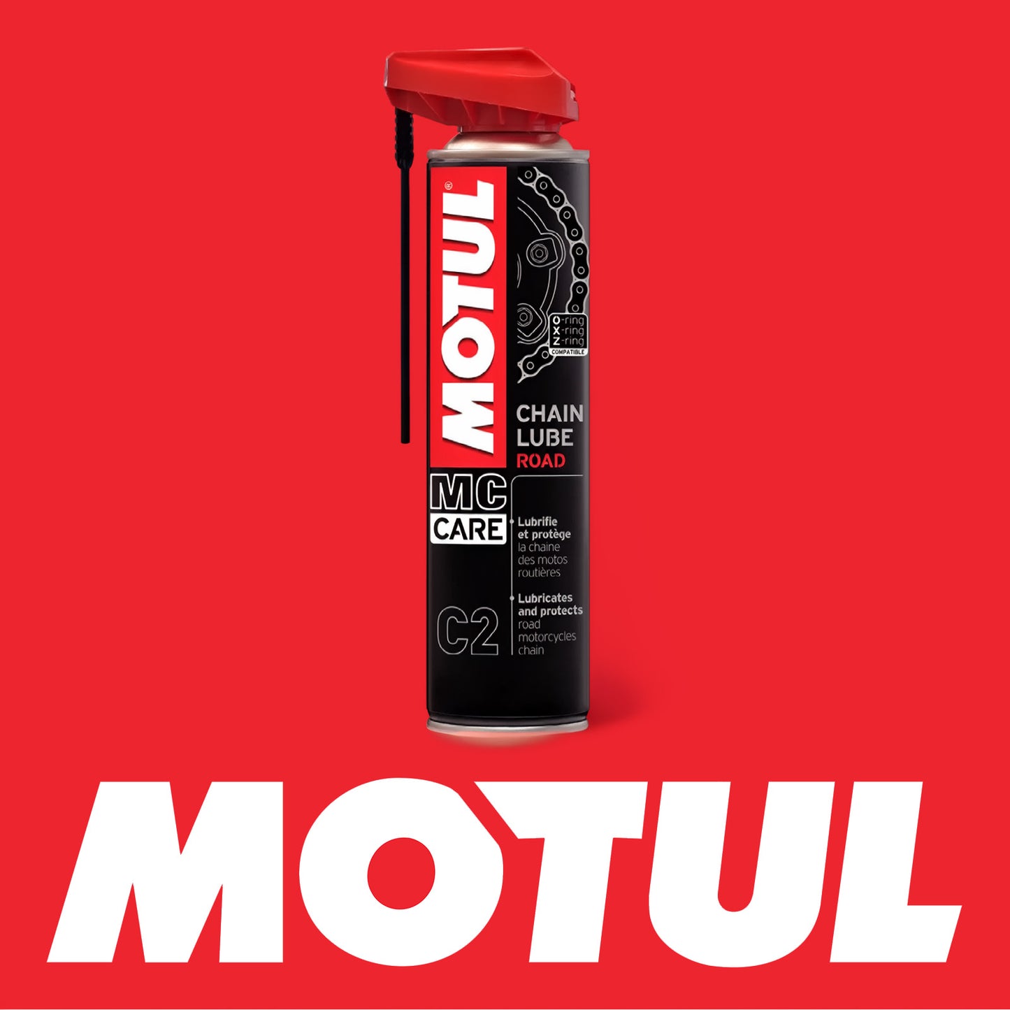 Motul MC Care C2 chain lube can on red background with Motul Logo