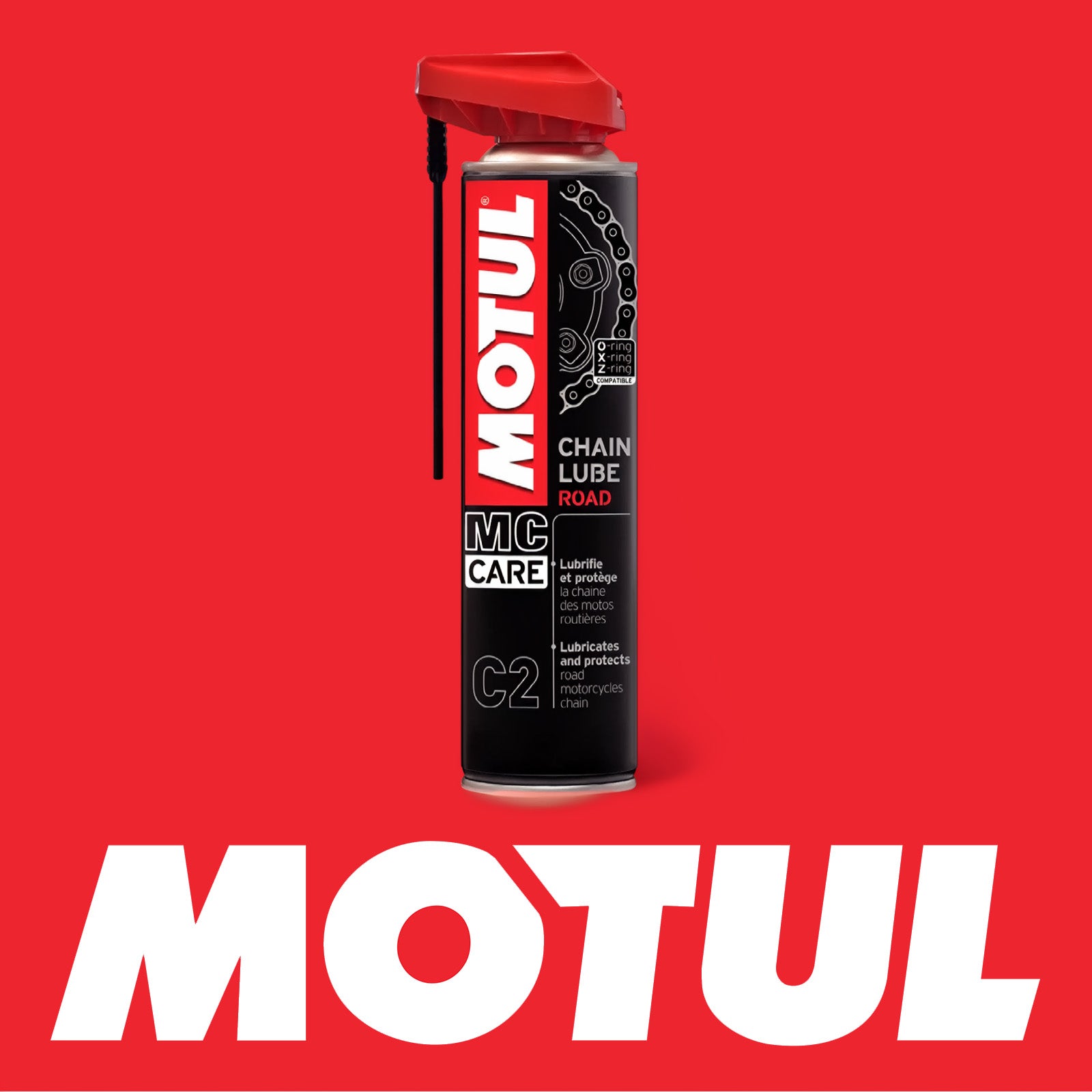 Motul MC Care C2 chain lube can on red background with Motul Logo