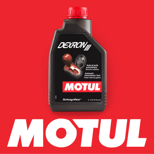 Motul Dexron 3 Transmission Oil on Red Background with Motul Logo