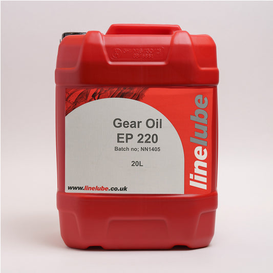 Red container of linelube Gear Oil EP 220 on a white background