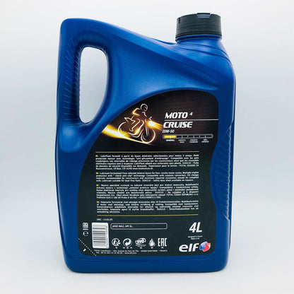 Blue container of ELF Moto 4 Cruise motorcycle oil on a white background