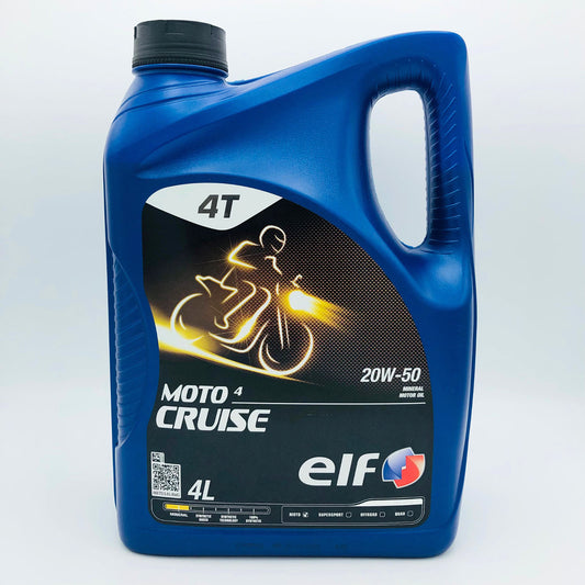 Blue container of ELF Moto 4 Cruise motorcycle oil on a white background