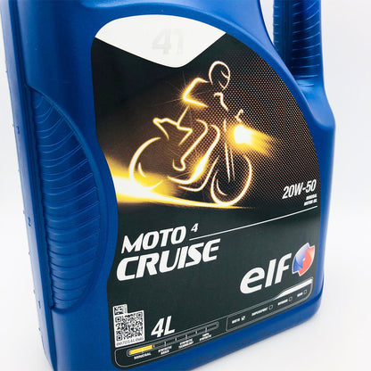 Blue container of ELF Moto 4 Cruise motorcycle oil on a white background