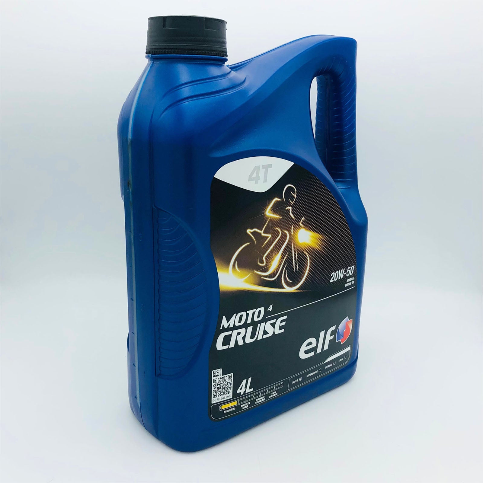 Blue container of ELF Moto 4 Cruise motorcycle oil on a white background