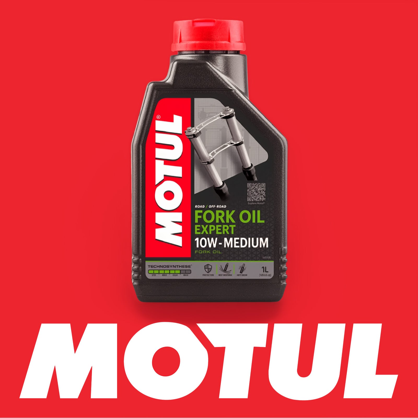 Motul fork oil expert 10W Medium bottle on red background with Motul Logo