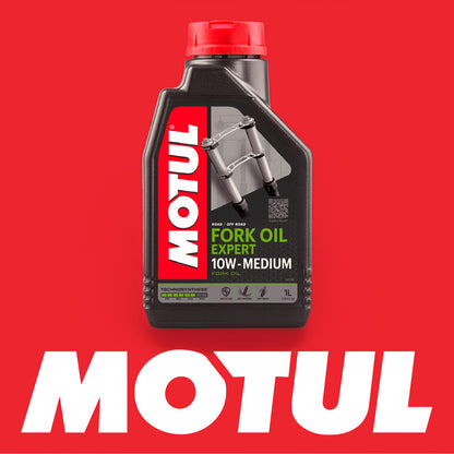 Motul fork oil expert 10W Medium bottle on red background with Motul Logo