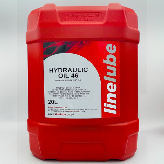 Red container of linelube Hydraulic Oil 46 on a white background
