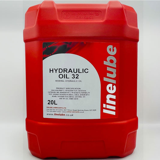 Red container of Linelube hydraulic oil 32 on a white background