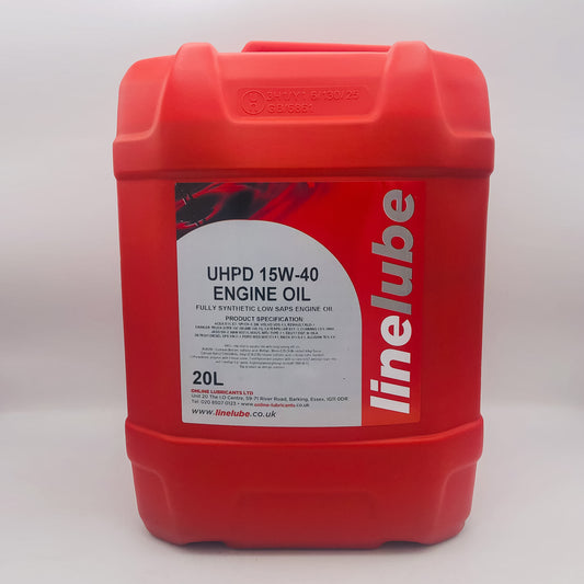 Red container of Linelube UHPD 15W-40 engine oil on a white background