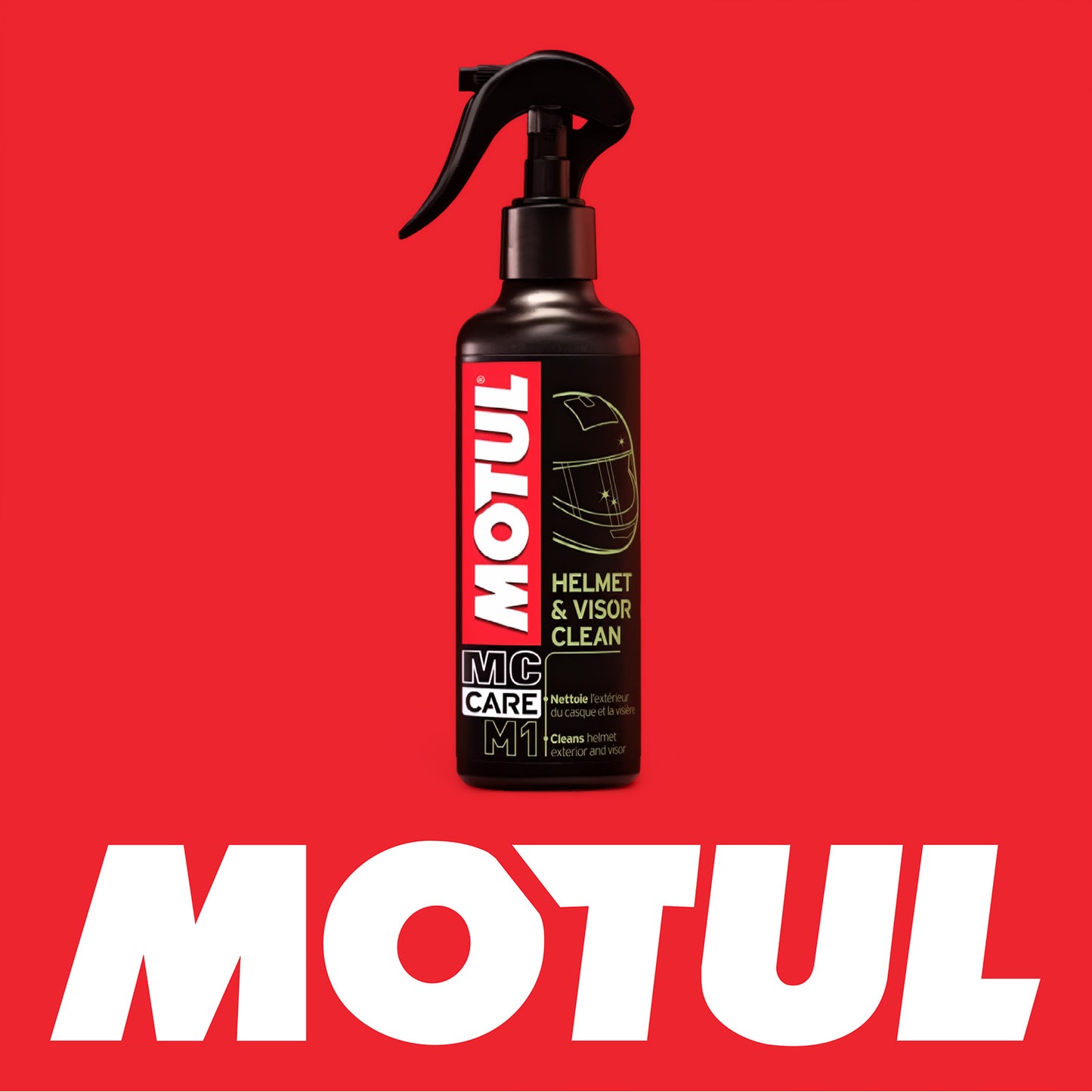 Motul MC Care M1 helmet and visor cleaner spray bottle on red background with Motul Logo