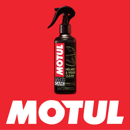 Motul MC Care M1 helmet and visor cleaner spray bottle on red background with Motul Logo