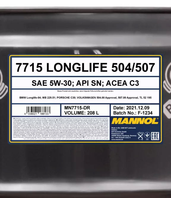 Mannol 7715 5W-30 Longlife 504/507 Fully Synthetic Engine Oil - 208 Litres