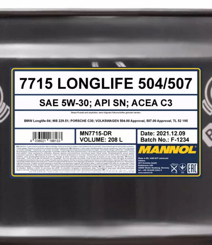 Mannol 7715 5W-30 Longlife 504/507 Fully Synthetic Engine Oil - 208 Litres