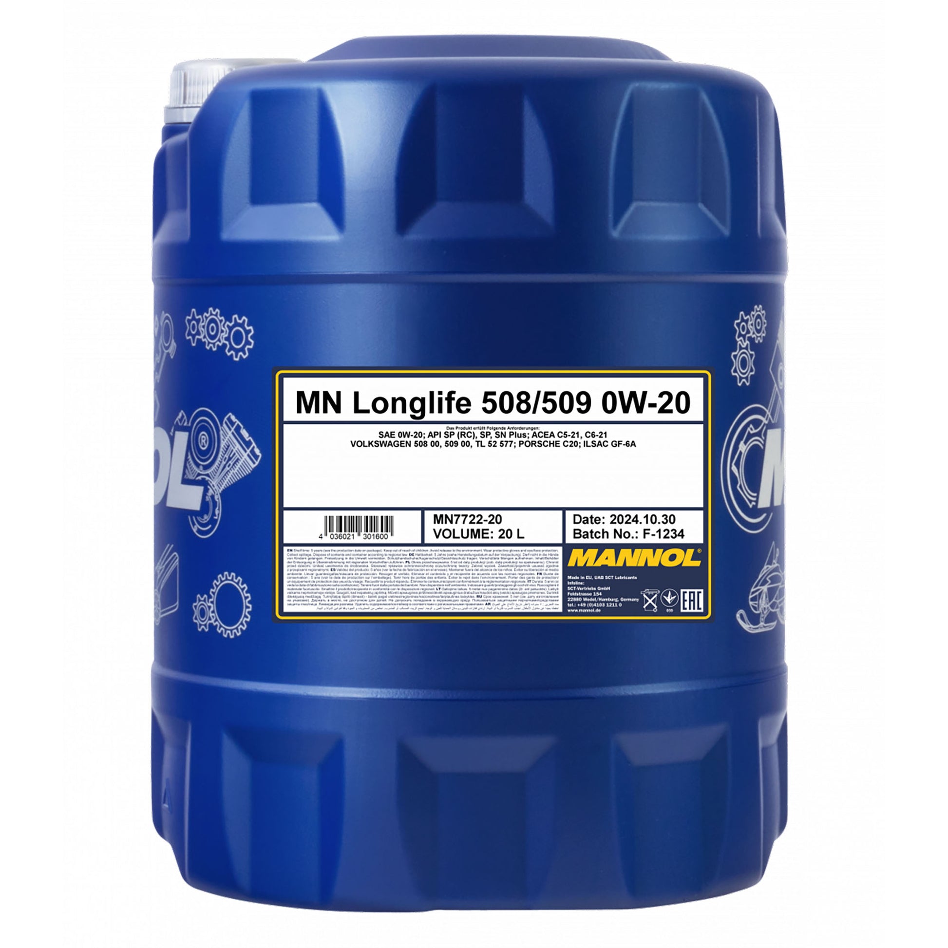 Mannol 7722 0W-20 Longlife VW 508/509 Fully Synthetic Engine Oil - 20 Litres