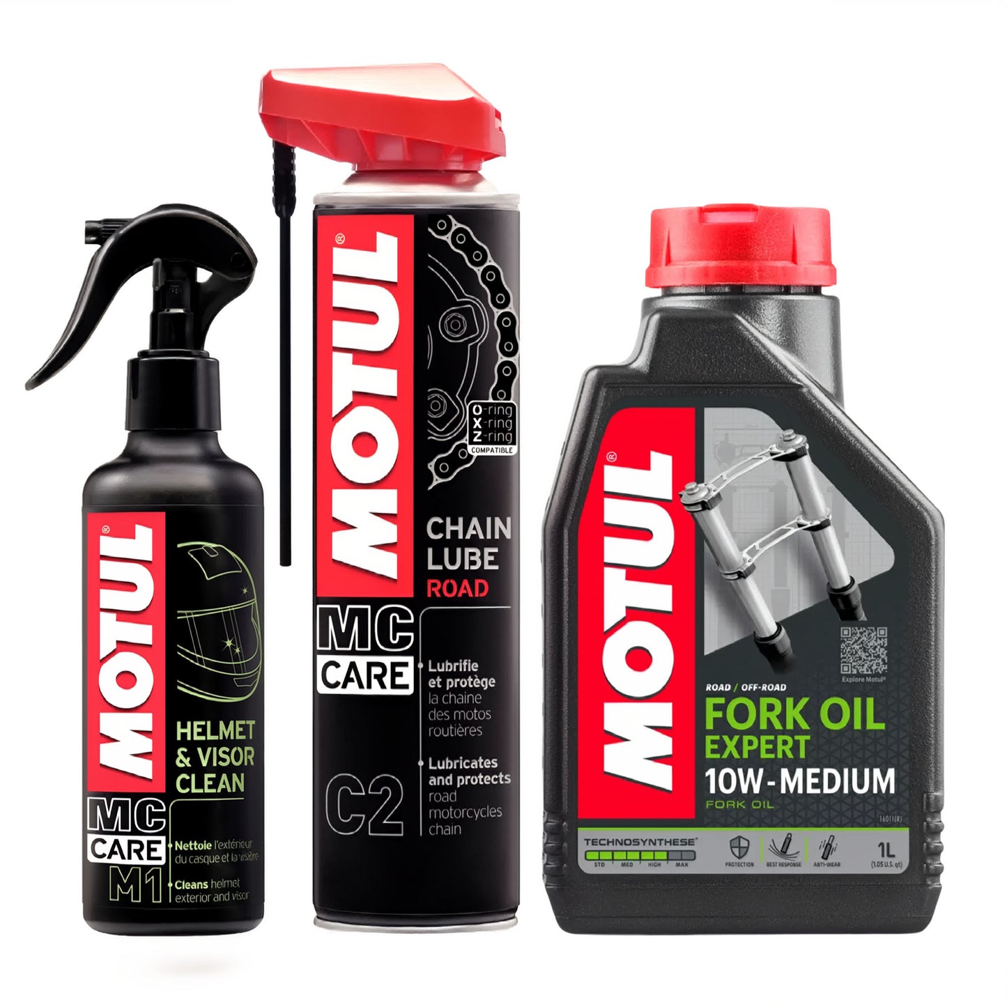 Motul Motorcycle Bundle with Visor and Helmet Cleaner, Fork Oil and Chain Lube