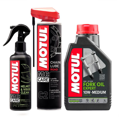 Motul Motorcycle Bundle with Visor and Helmet Cleaner, Fork Oil and Chain Lube