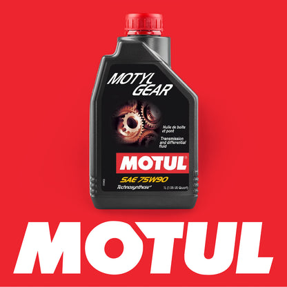 Motul Motyl Gear 75W-90 Gear Oil on red background with Motul Logo