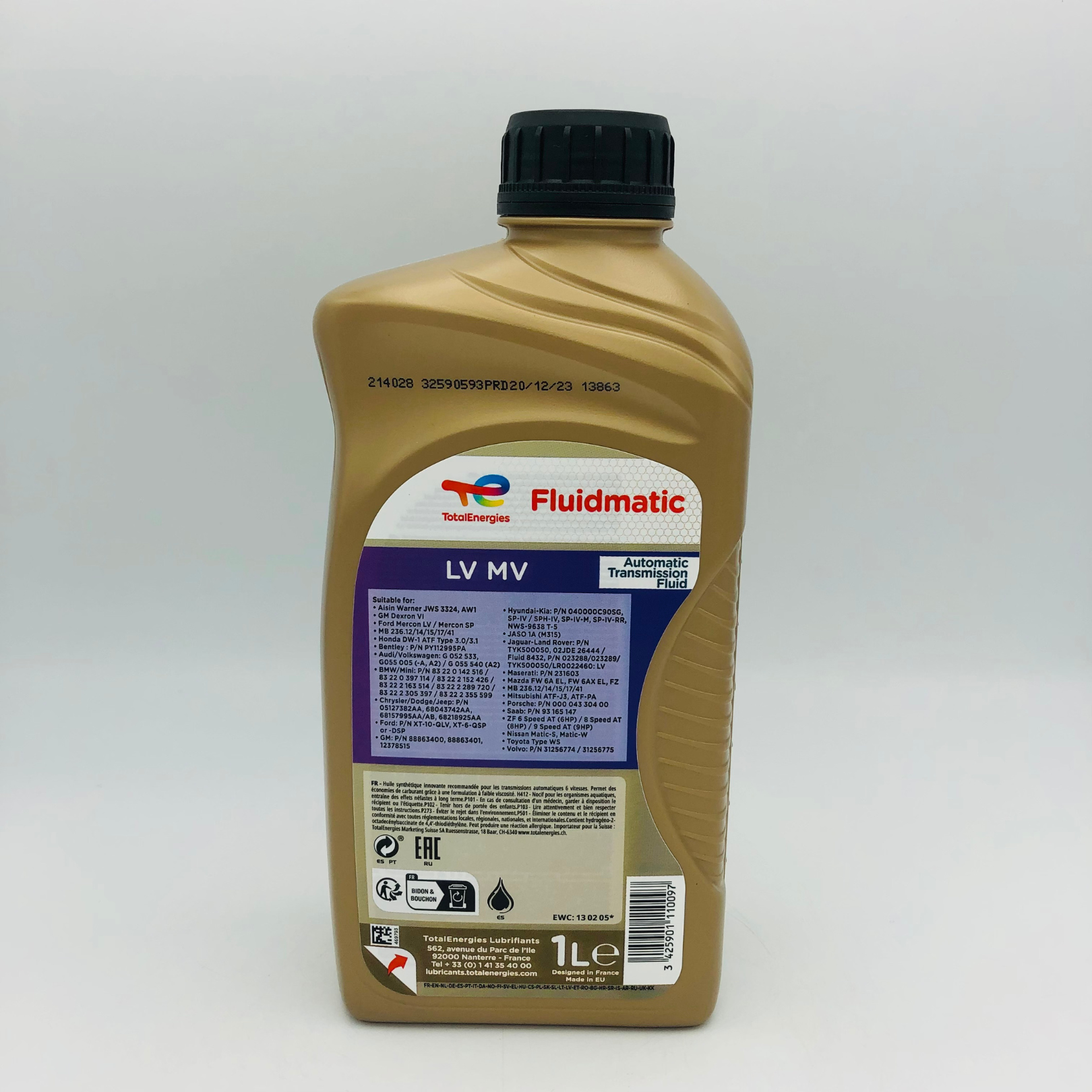 Total Fluidmatic LV MV ATF Synthetic Automatic Transmission Fluid - 1 Litre Back Label
